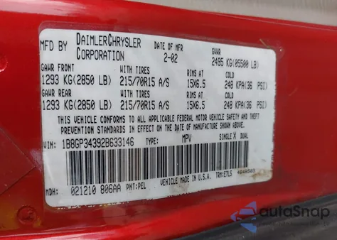 2002 Dodge Grand Caravan El из США, поврежденный, VIN 1B8GP34392B633146